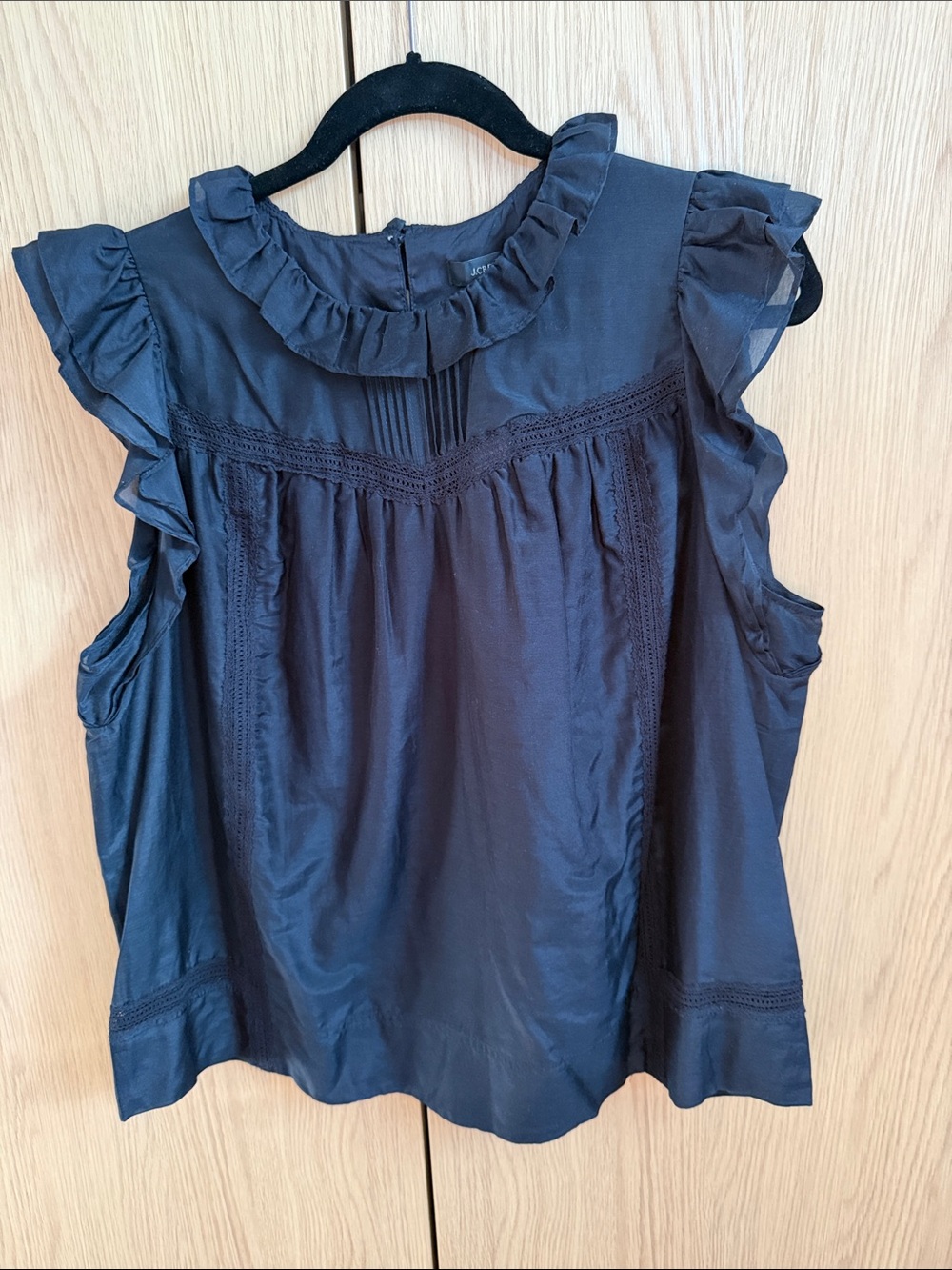 J. Crew Silk and Cotton Blend Lined Black Ruffled Sleeveless Blouse